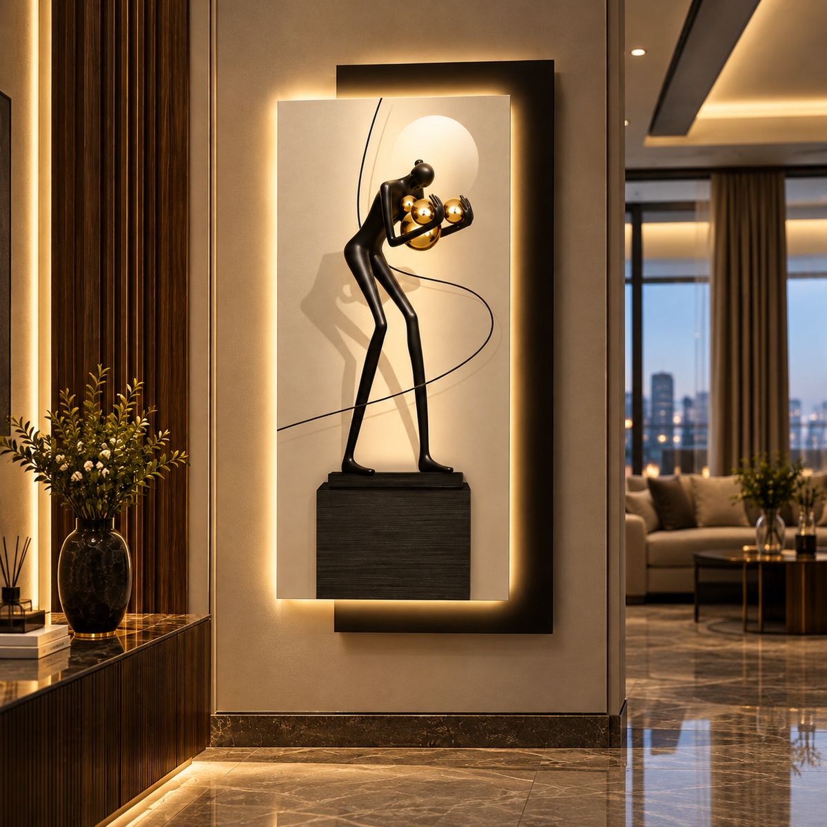 Tablou Sticla cu iluminare LED Dansul Sferelor, 120 x 60 cm, 24W, Lumina Neutra, Aliaj de Aluminiu si MDF