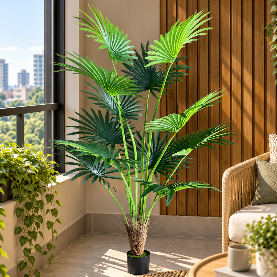 Decorațiune Palmier Livistona Evantai, 12 frunze, Plastic, 180 cm, Verde