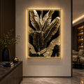 Tablou Sticla cu iluminare LED Frunze de Bananier, 120 x 60 cm, Aliaj de Aluminiu si MDF