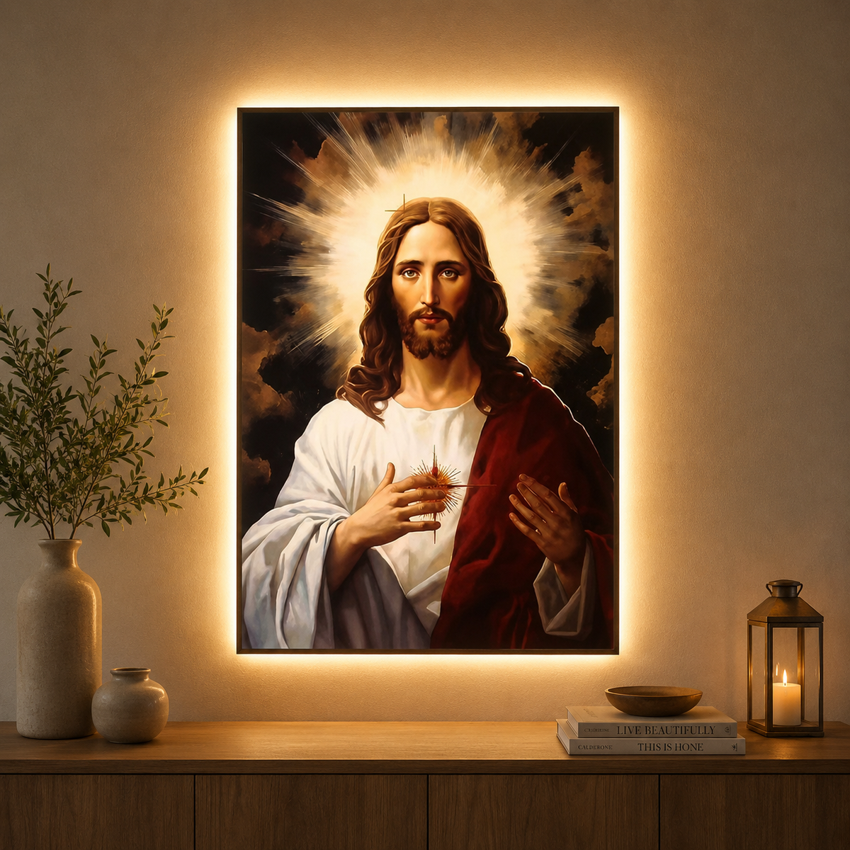 Tablou Sticla cu iluminare LED Inima Sacra a lui Iisus, 60 x 80 cm, 24W, Lumina Neutra, Aliaj de Aluminiu si MDF JW010