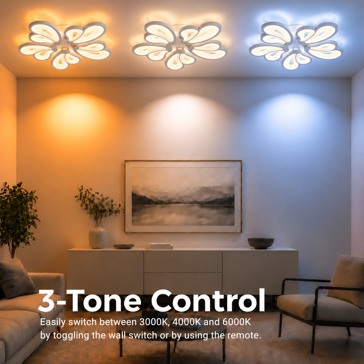 Lustra LED cu telecomanda BLOSSOM 95W, 5 Petale, lumina Rece/Calda/Neutra 3000K/4000K/6000K, Dimabila, Alb, Metal si Acril