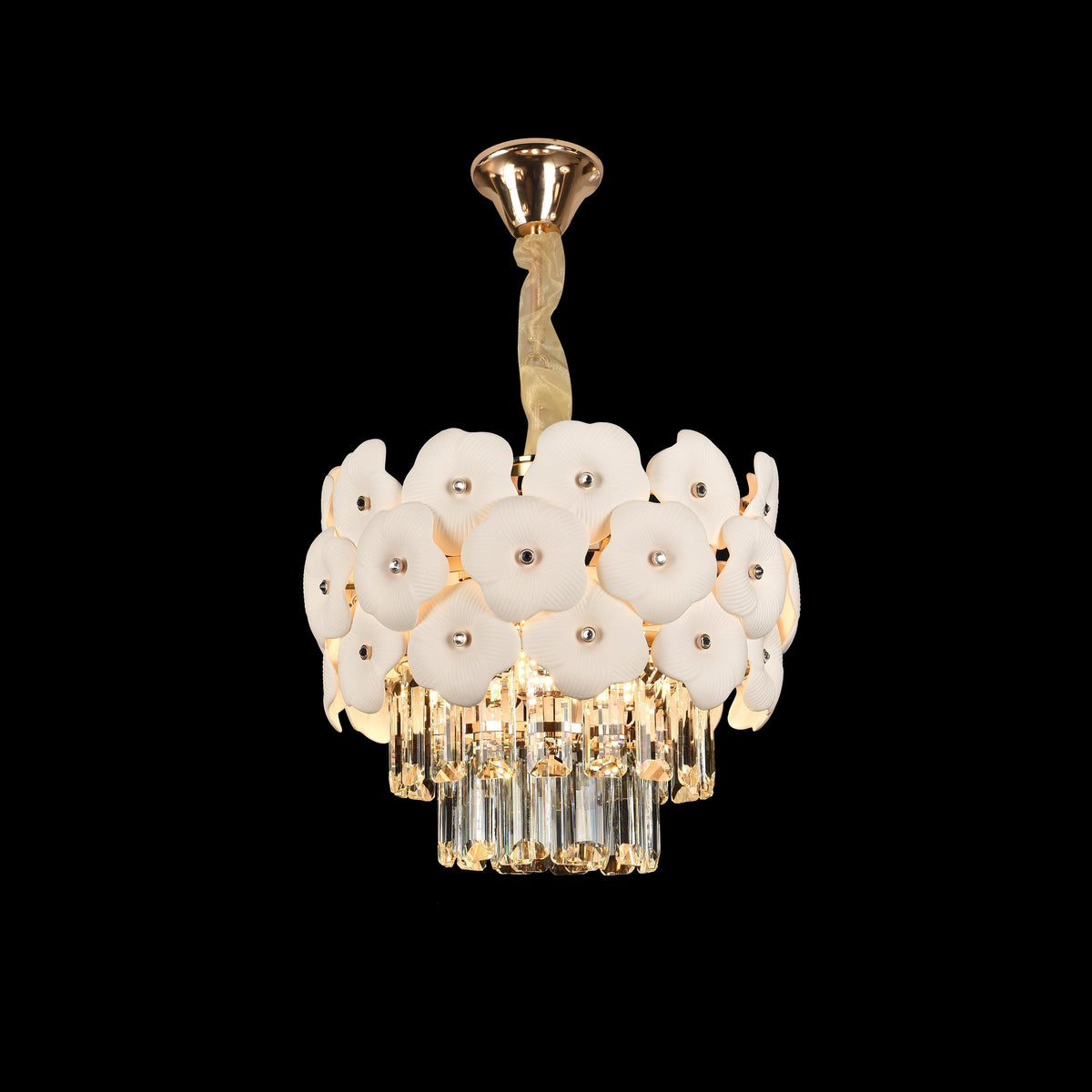 Candelabru Cristal PETAL Petito 3xE14, D30 cm, Auriu, Inaltime Reglabila, Metal si Cristal