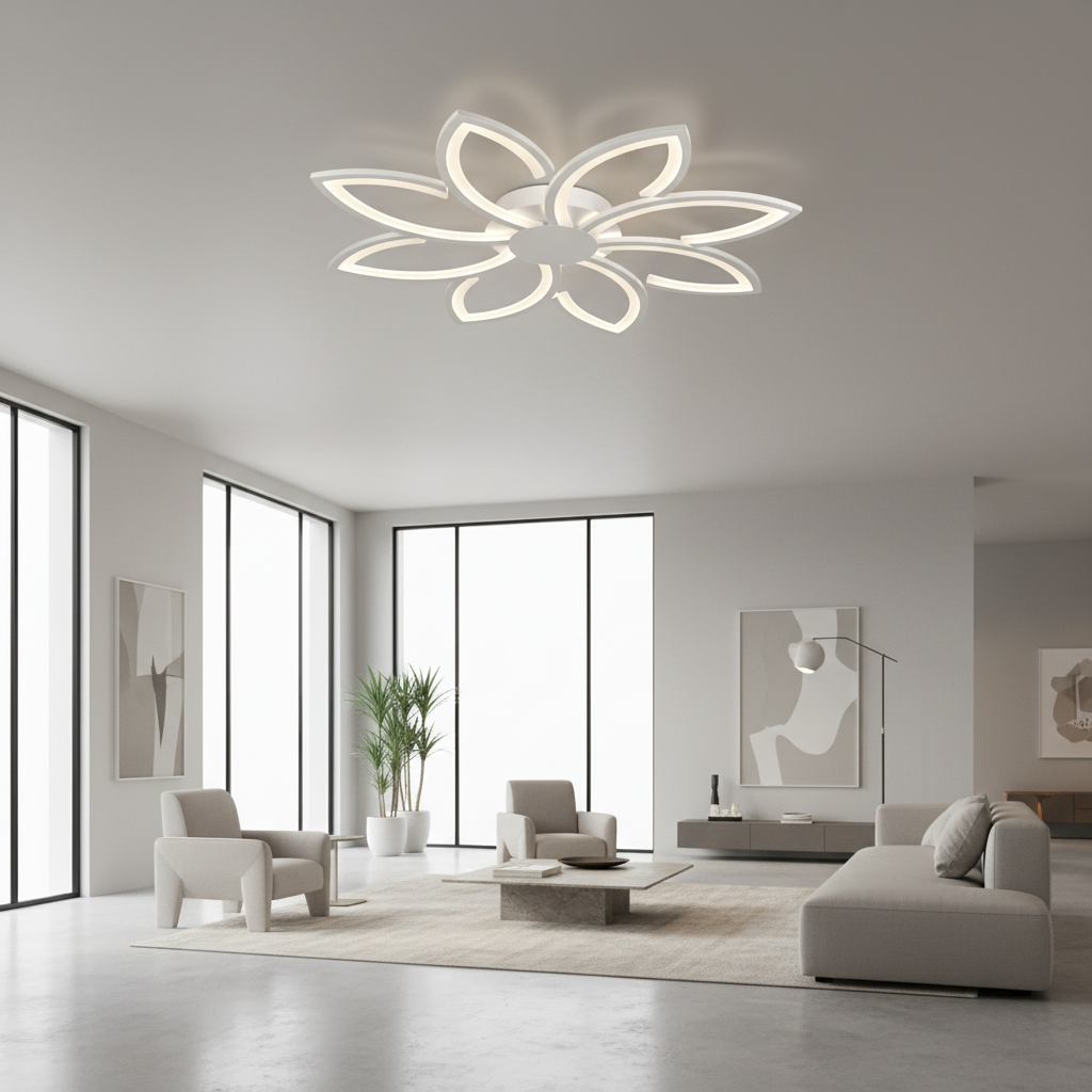 Lustra LED cu telecomanda si cristal FLORA 82W, 8 Petale, lumina Rece/Calda/Neutra, Dimabila, Alb