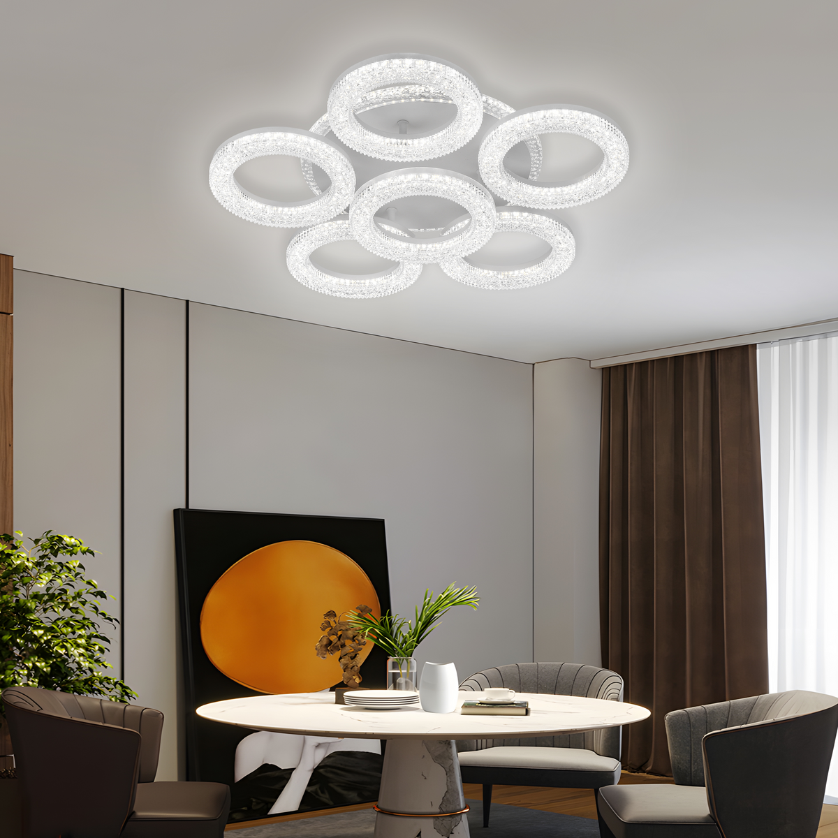 LED luster FREJA s diaľkovým ovládačom, 51cm, 90W, 3000K/4000K/6000K, Stmívateľný, Biela, Kryštály, 6 kruhov, imaginea 1