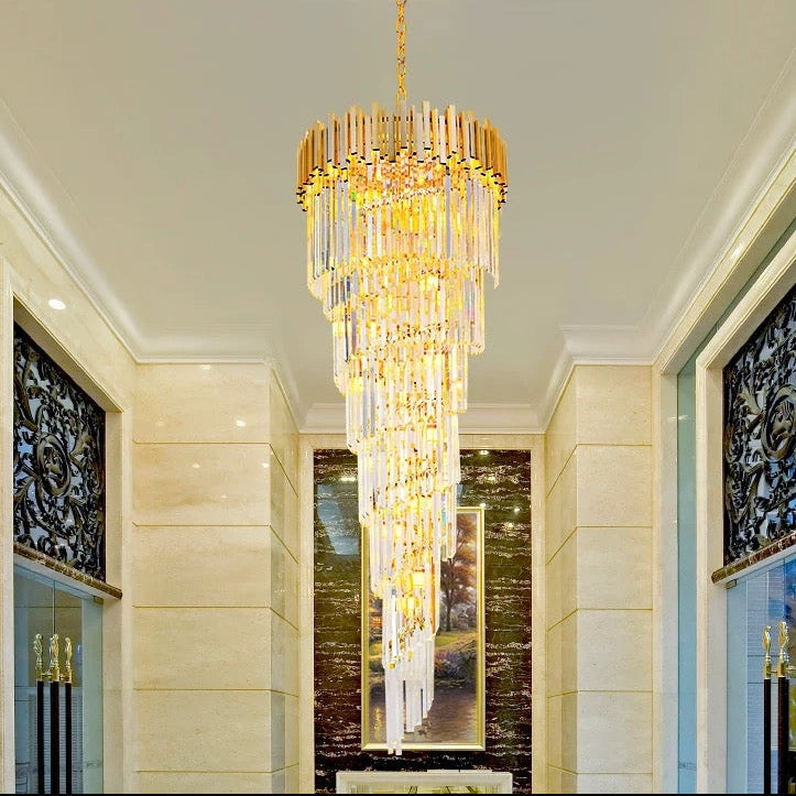 Candelabru Cristal CC110/600x1800GD, 28xE14, Diametru 60cm, Inaltime 180cm, Auriu Lucios, Inaltime Reglabila, Design Elegant