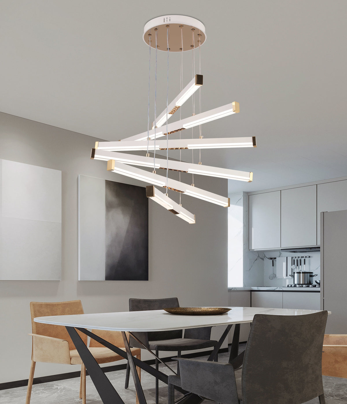 Lustra LED Suspendata Acril LT183/5WH, 68W, Lumina 3000/4000/6000K, Alb, Inaltime Reglabila