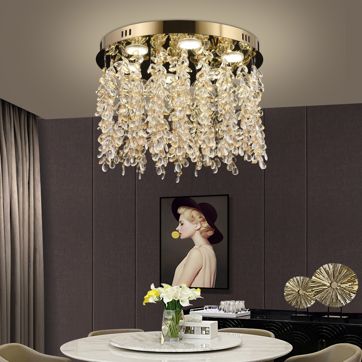 Candelabru LED Cristal LLC213/550GD Rotund, 29W, Lumina Rece/Calda/Neutra, Cristale, Auriu Lucios