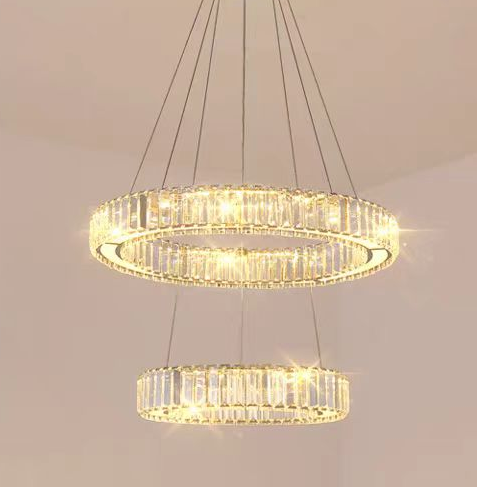 Lustra LED cu telecomanda LLC130/2CH, Cristal si Metal, 62W, 2 Cercuri, Dimabila, Inaltime Reglabila, Lumina Rece/Calda/Neutra, Iluminat Luxos