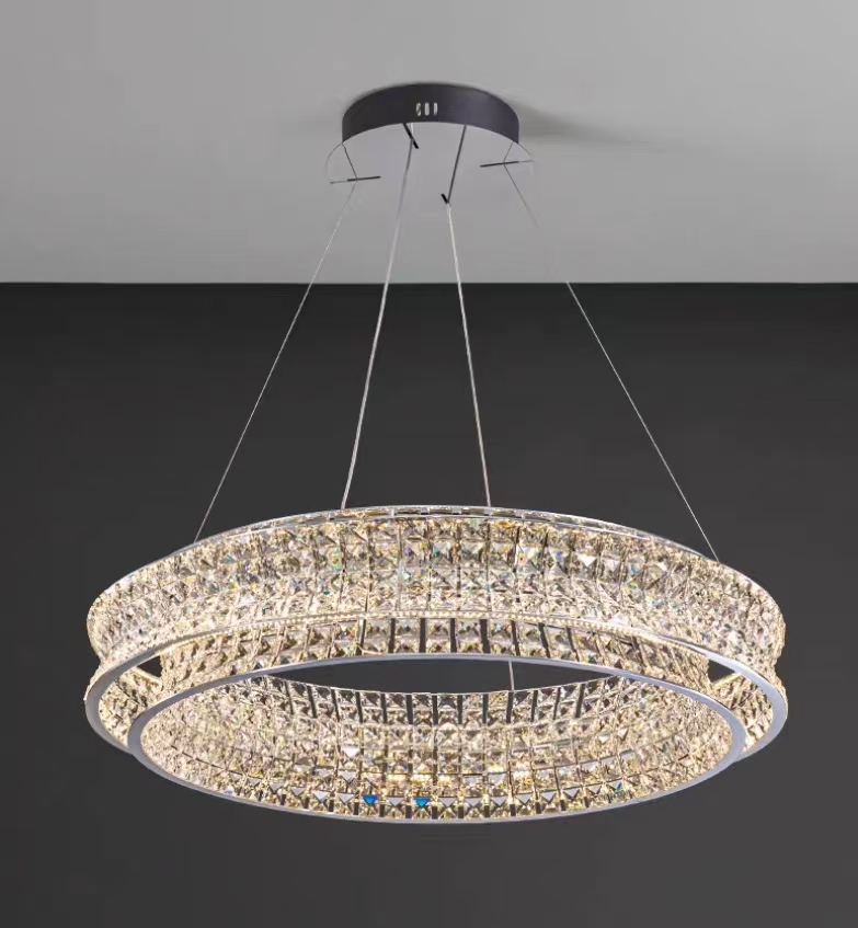 Lustra LED cu Telecomanda, LLC160/500CH, Cristal si Metal, 54W, 1 Cerc, Dimabila, Inaltime Reglabila, Lumina Rece/Calda/Neutra, Iluminat Luxos