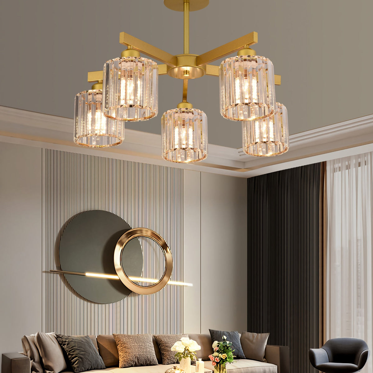 Lustra Clasica Moderna LC110/5GD cu Cristal, 5xE27, Auriu, Metal si Cristal