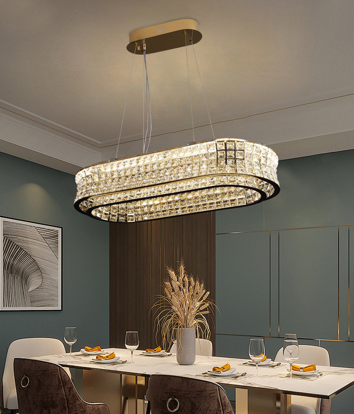Lustra LED cu Telecomanda, LLC160/750X350GD, Cristal si Metal, 72W, Dimabila, Inaltime Reglabila, Lumina Rece/Calda/Neutra, Iluminat Luxos