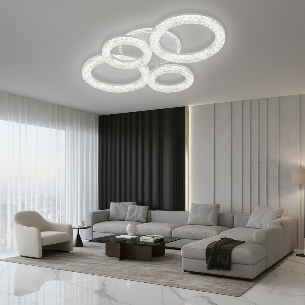 Lustră LED Linnea cu Telecomandă, 74W, 3000K/4000K/6000K, Dimabil, Alb, Cristale