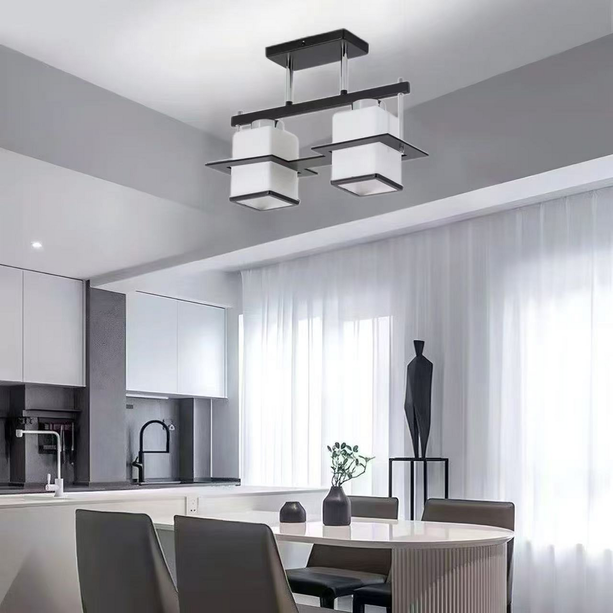 Classic Aramis Chandelier with Wood Square Shade 2X E27 Grey Black, imaginea 3