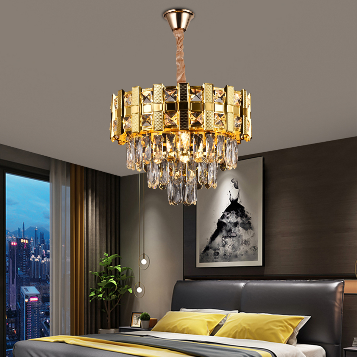 Candelabru Cristal BRAN Nobile 5xE14, Diametru 40cm, Auriu Lucios, Inaltime Reglabila