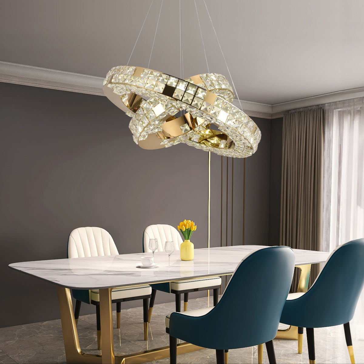 Lustra LED cu Telecomanda, LLC135/2GD, Cristal si Metal, 54W, 2 Cerc, Dimabila, Inaltime Reglabila, Lumina Rece/Calda/Neutra 3000K/4000K/6000K, Iluminat Luxos
