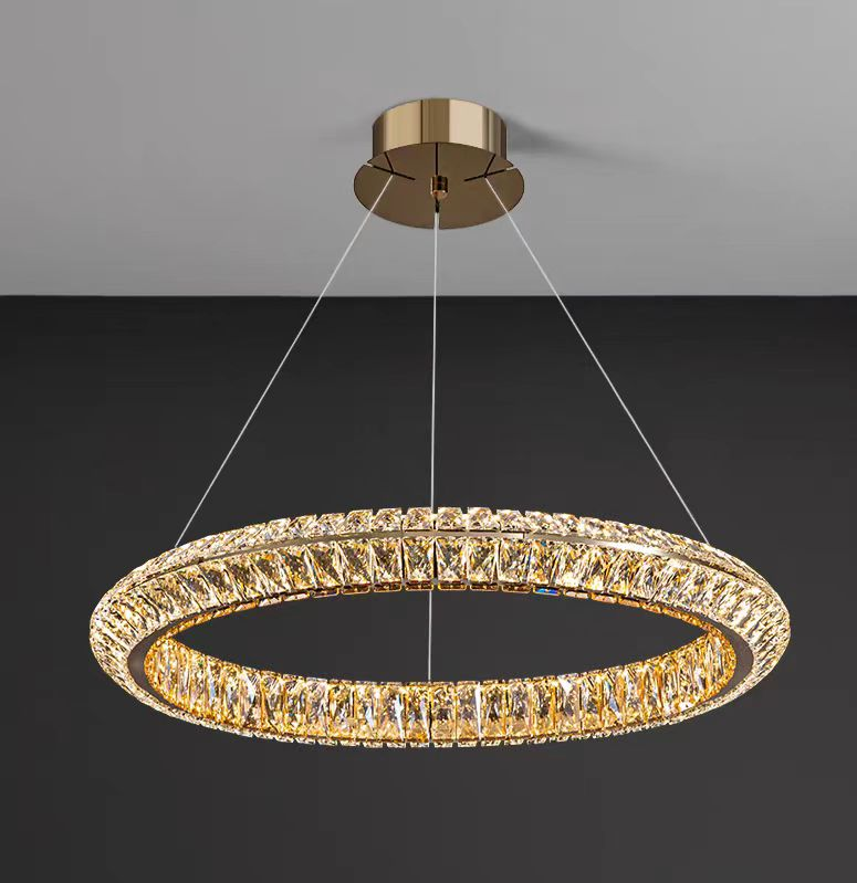 Lustra LED cu Telecomanda, LLC132/500GD, Cristal si Metal, 26W, 1 Cerc, Dimabila, Inaltime Reglabila, Lumina Rece/Calda/Neutra, Iluminat Luxos