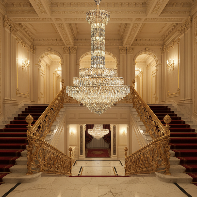 GRAND Crystal Chandelier 87xE14, D138 cm, Gold, Adjustable Height, Metal and Crystal