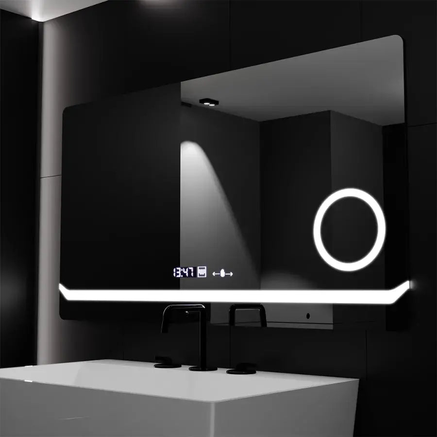 Oglinda LED Rectangulara, 80x60cm, Definition MotionGlow Marcello, Sistem Dezaburire, Ceas & Termometru, Lupa Cosmetica, Dimabila