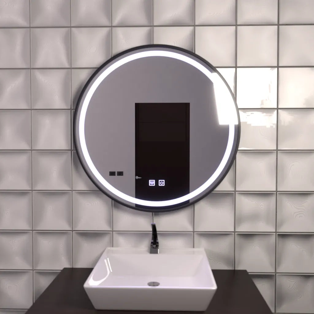 Oglinda LED Rotunda 60cm, Lucea Touch, Rama Neagra, Sistem Dezaburire, Dimabila