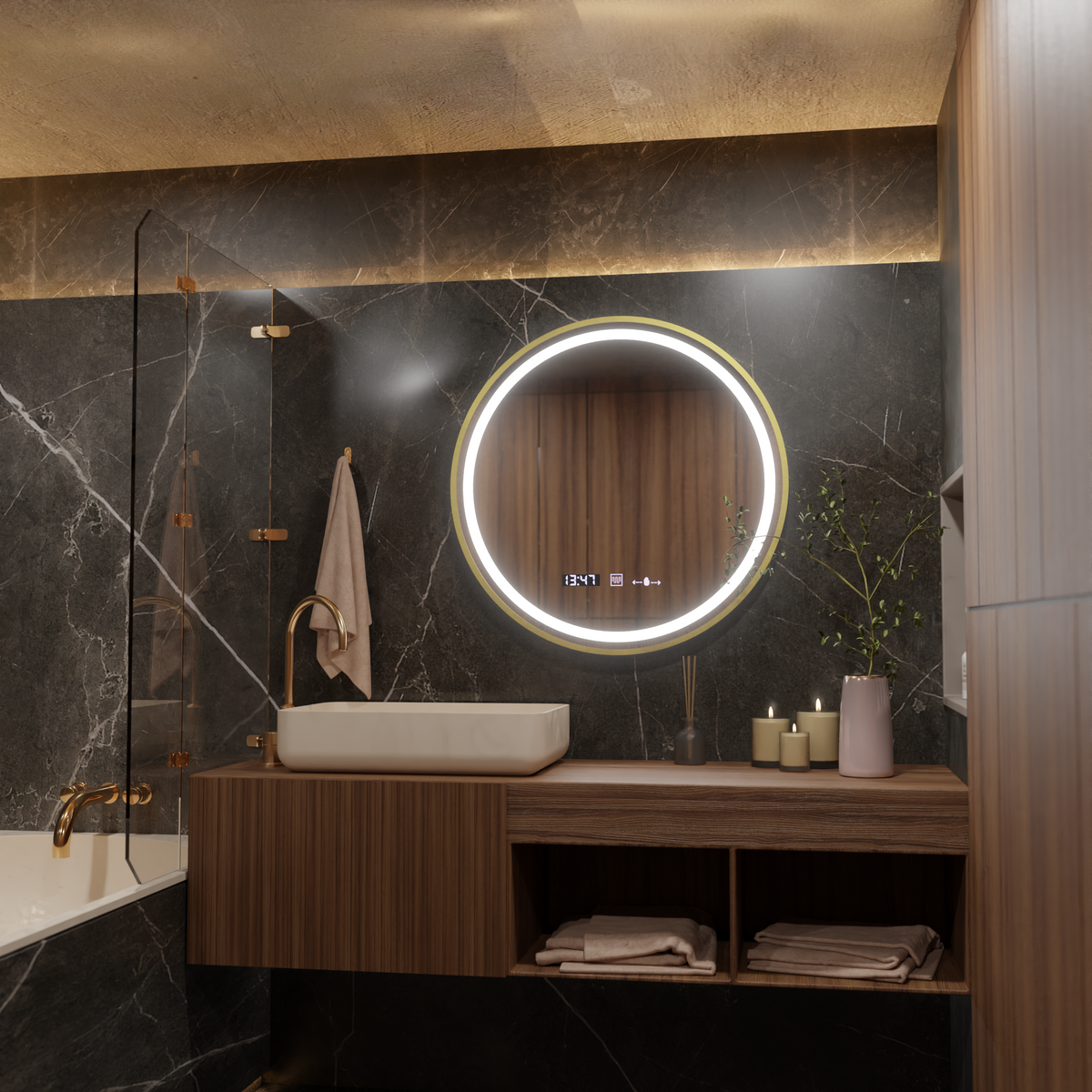 Oglinda LED Rotunda, 80cm, Celeste Royale Gold MotionGlow Marcello, Lumina Calda/ Neutra/ Rece, Sistem Dezaburire, Ceas & Termometru, Dimabila