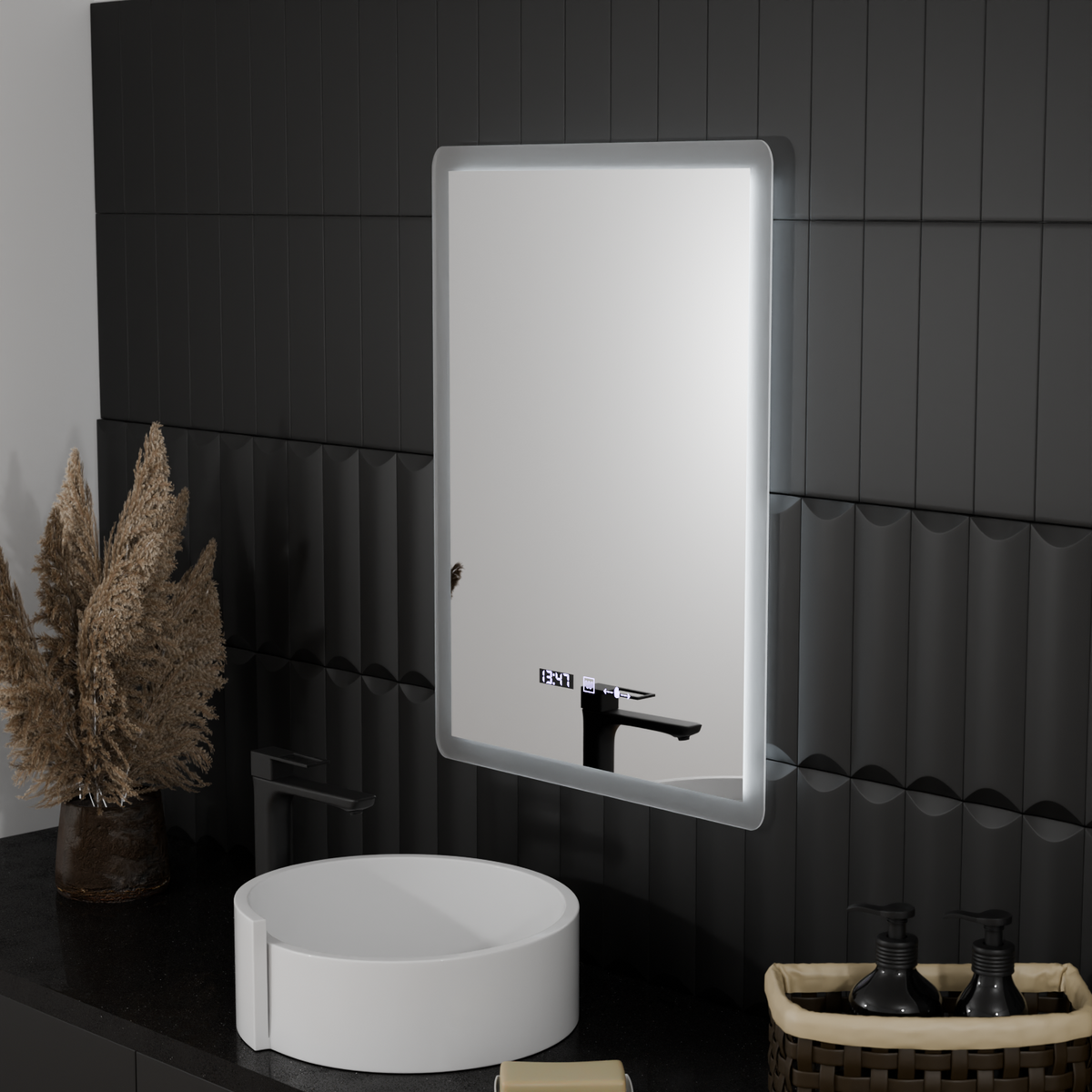 Oglinda LED Rectangulara, 50x70cm, ELANCEE Senzor MotionGlow Marcello, Sistem Dezaburire, Ceas & Termometru, Dimabila