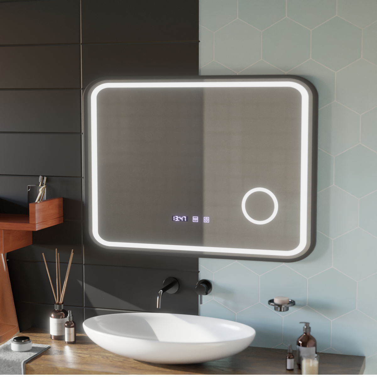 Oglinda LED Touch Bernd Sistem Dezaburire, Ceas si Temperatura 80x60 cm Rama Negru Brushed Lupa Cosmetica