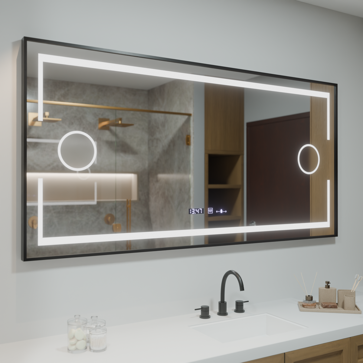 Oglinda LED Rectangulara, 160x80cm, Senzor MotionGlow Marcello, Sistem Dezaburire, Ceas & Termometru, Lupa Cosmetica, Dimabila