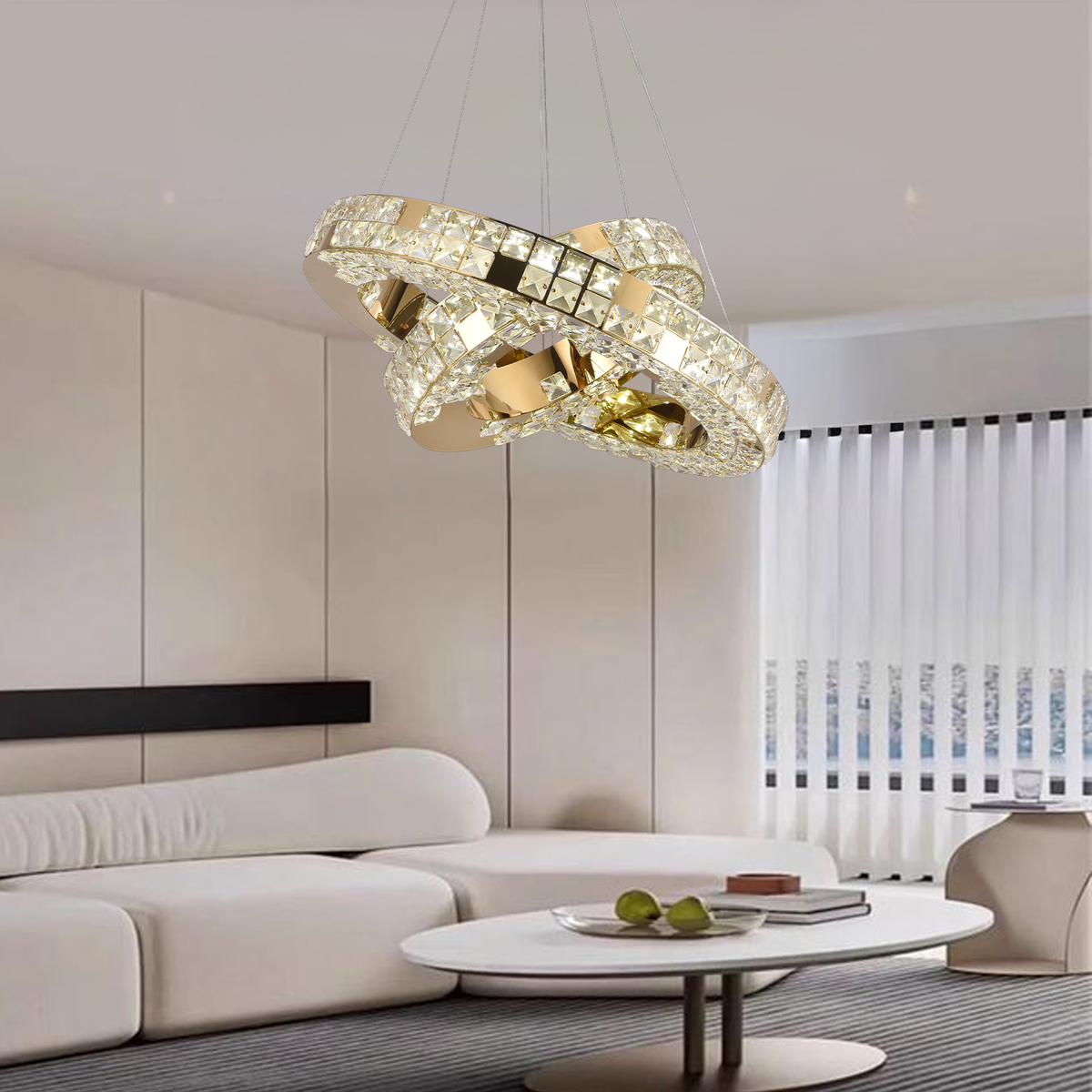 Lustra LED cu Telecomanda, LLC135/2GD, Cristal si Metal, 54W, 2 Cerc, Dimabila, Inaltime Reglabila, Lumina Rece/Calda/Neutra 3000K/4000K/6000K, Iluminat Luxos