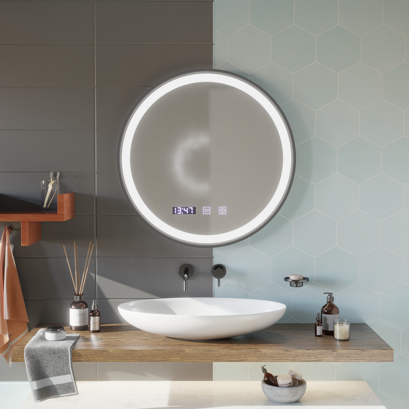NOVARA LED Touch Mirror Defogger System, Clock and Temperature 90 cm Brushed Black Frame