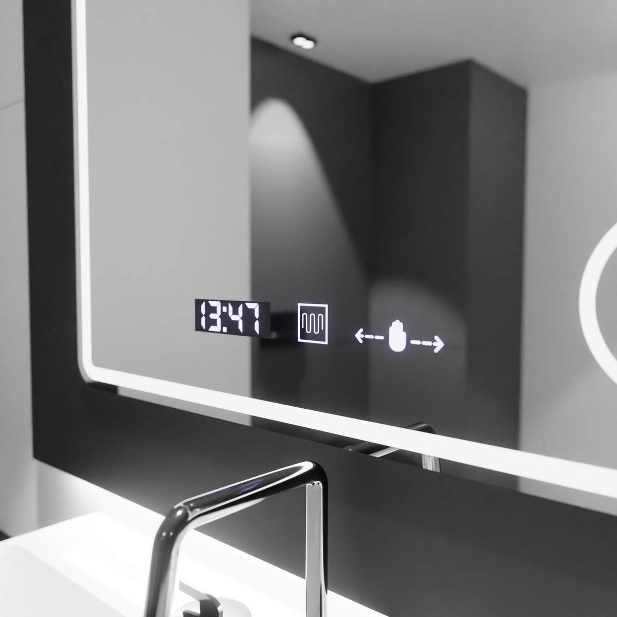 Oglinda LED Rectangulara, 90x75cm, Riflesso MotionGlow Marcello, Sistem Dezaburire, Ceas & Termometru, Lupa Cosmetica, Dimabila