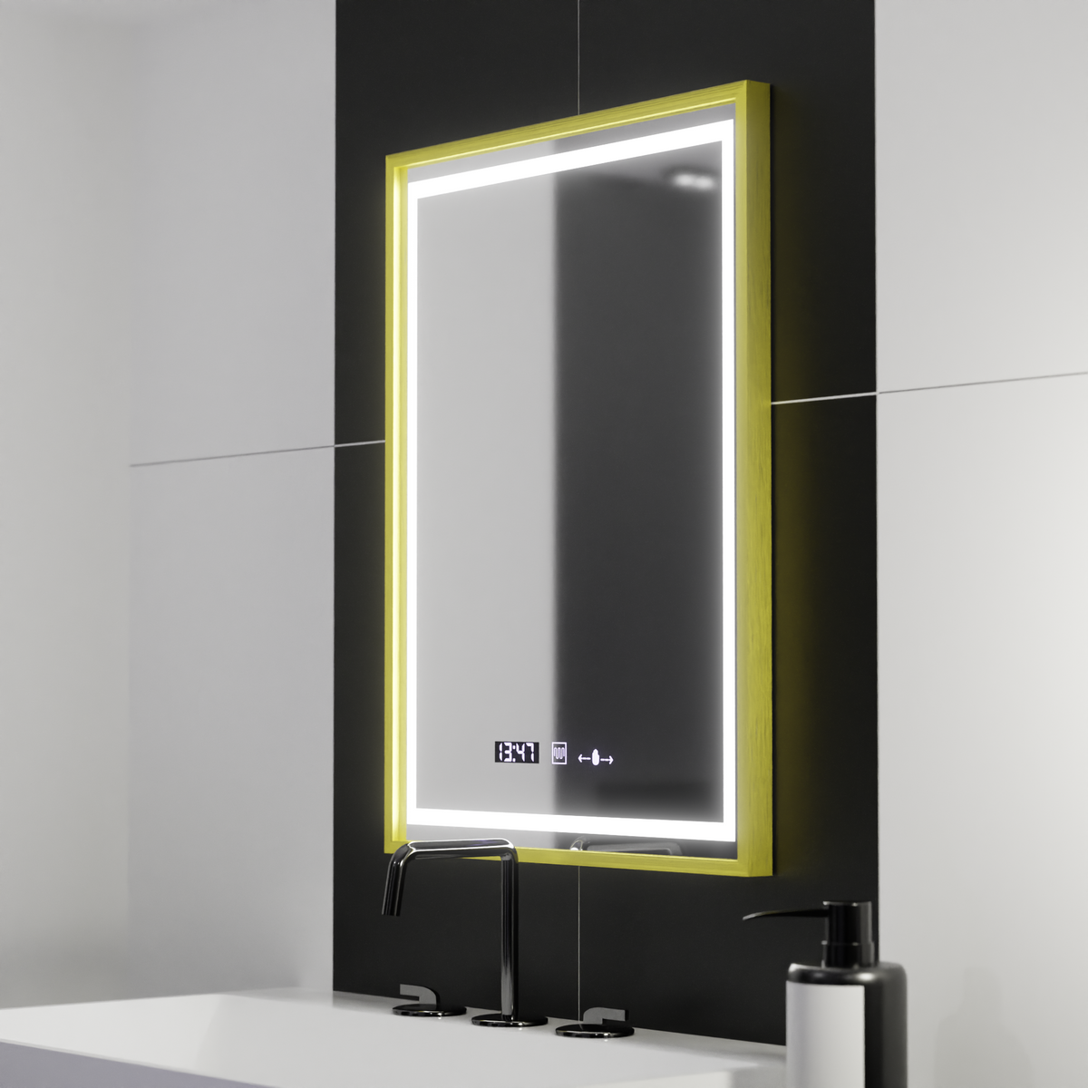 Oglinda LED Rectangulara, 50x70cm, Verite Royale Gold Motion Glow Marcello, Sistem Dezaburire, Ceas & Termometru, Dimabila