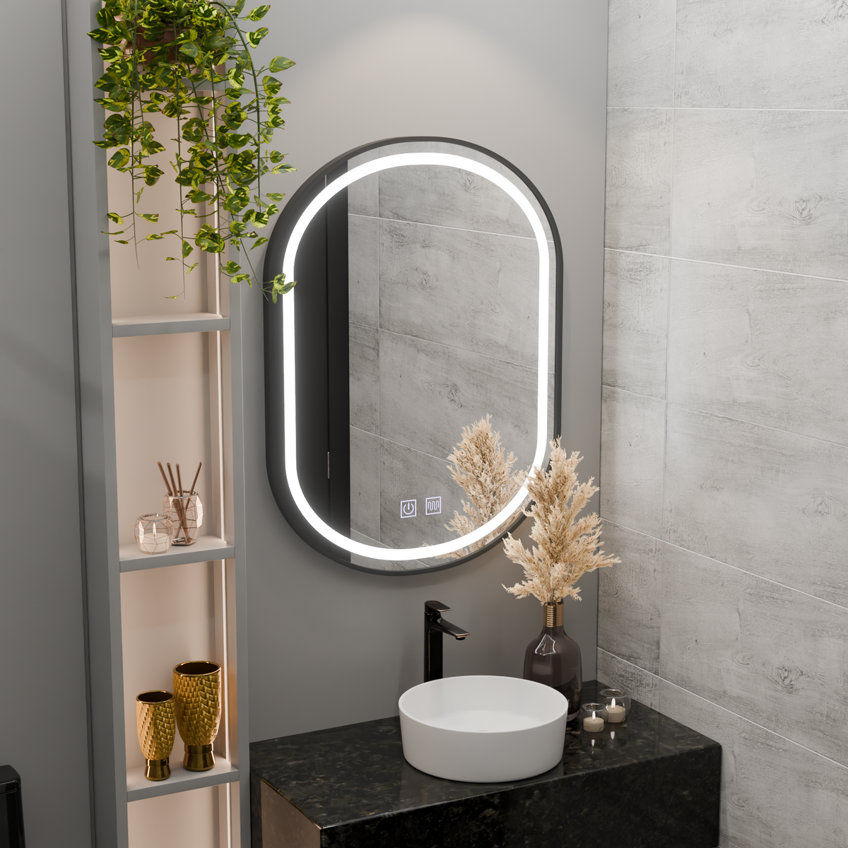 Oglinda LED Ovala 50x80cm VETRO Touch Sistem Dezaburire Dimabila, Rama Neagra