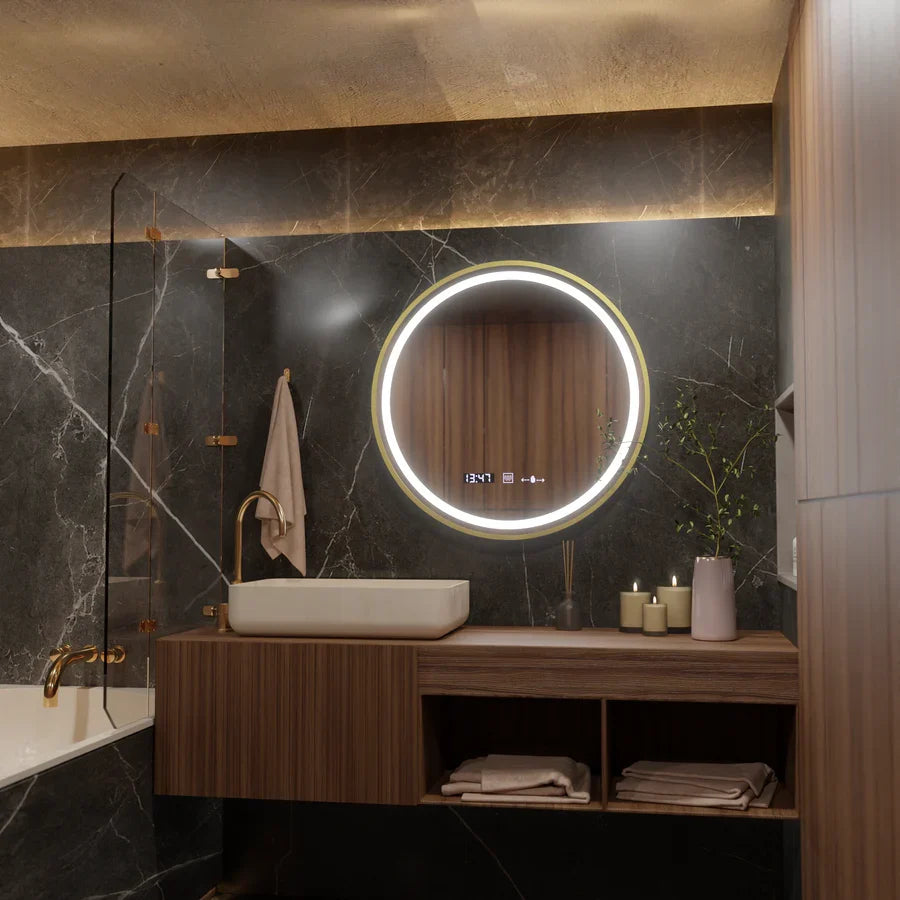 Oglinda LED Rotunda, 60cm, Celeste Royale Gold Eleve MotionGlow Marcello, Sistem Dezaburire, Ceas & Termometru, Dimabila, Curea Detasabila, imaginea 5