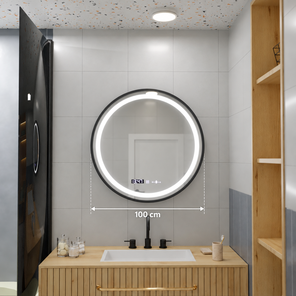 Oglinda LED Rotunda, 80cm, Celeste Majesté Noir MotionGlow Marcello, Sistem Dezaburire, Ceas & Termometru, Dimabila