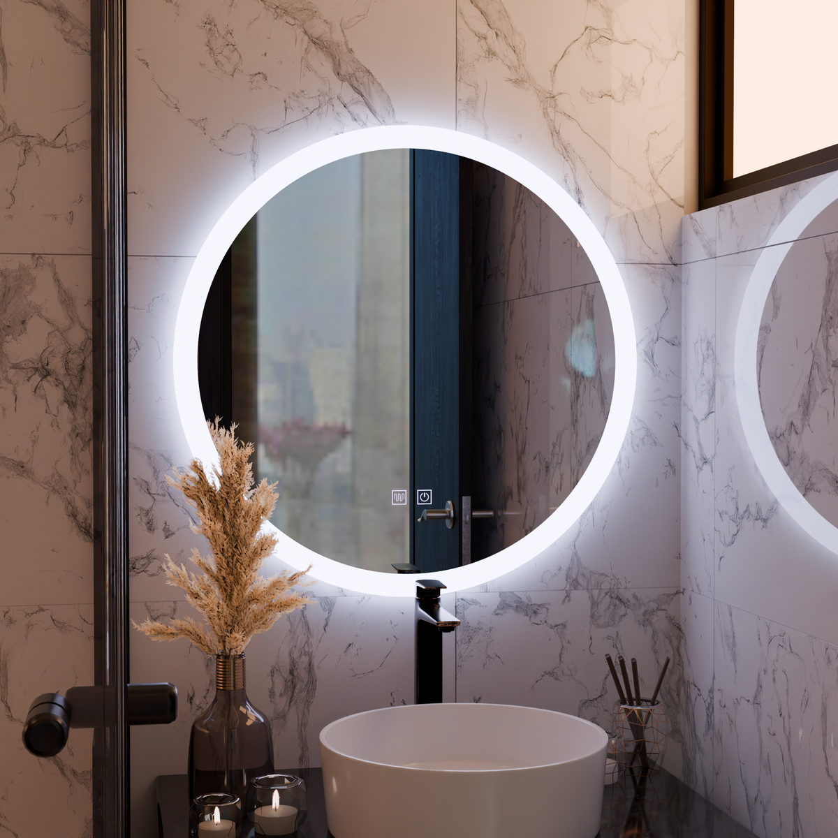 Oglinda LED Rotunda, 70cm, Noxia Touch, Sistem Dezaburire, Dimabila