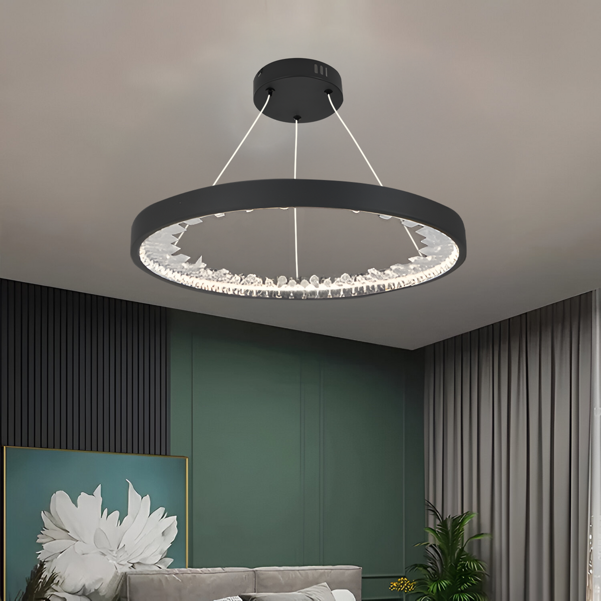 Lustra LED suspendata cu telecomanda, 28W, 1 Cerc, lumina Rece/Calda/Neutra, Dimabila, Negru, Inaltime Reglabila