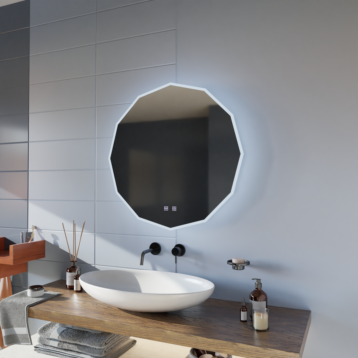 Oglinda LED Rotunda, 60cm, VIVO Touch, Sistem Dezaburire, Dimabila
