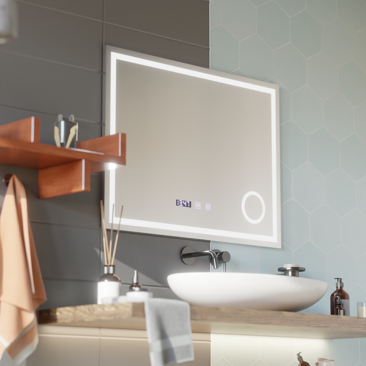 Oglinda LED Touch NIVERA Sistem Dezaburire, Ceas si Temperatura 80x60 cm Lupa Cosmetica, imaginea 1