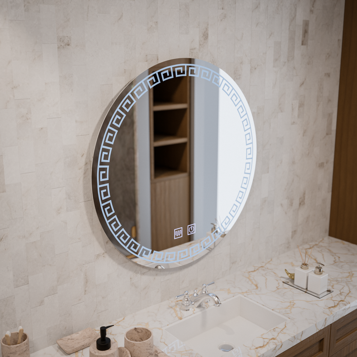 Oglinda LED Rotunda, 70cm, Orhina Touch, Sistem Dezaburire, Dimabila