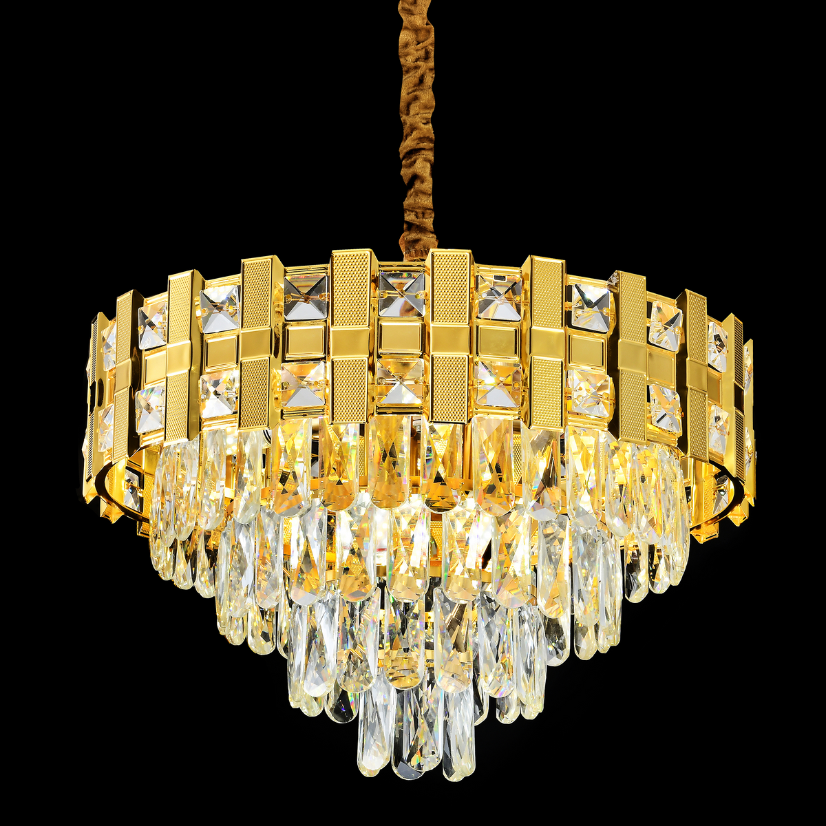 Candelabru Cristal BRAN Eleganza 8xE14, Diametru 50cm, Auriu Lucios, Inaltime Reglabila