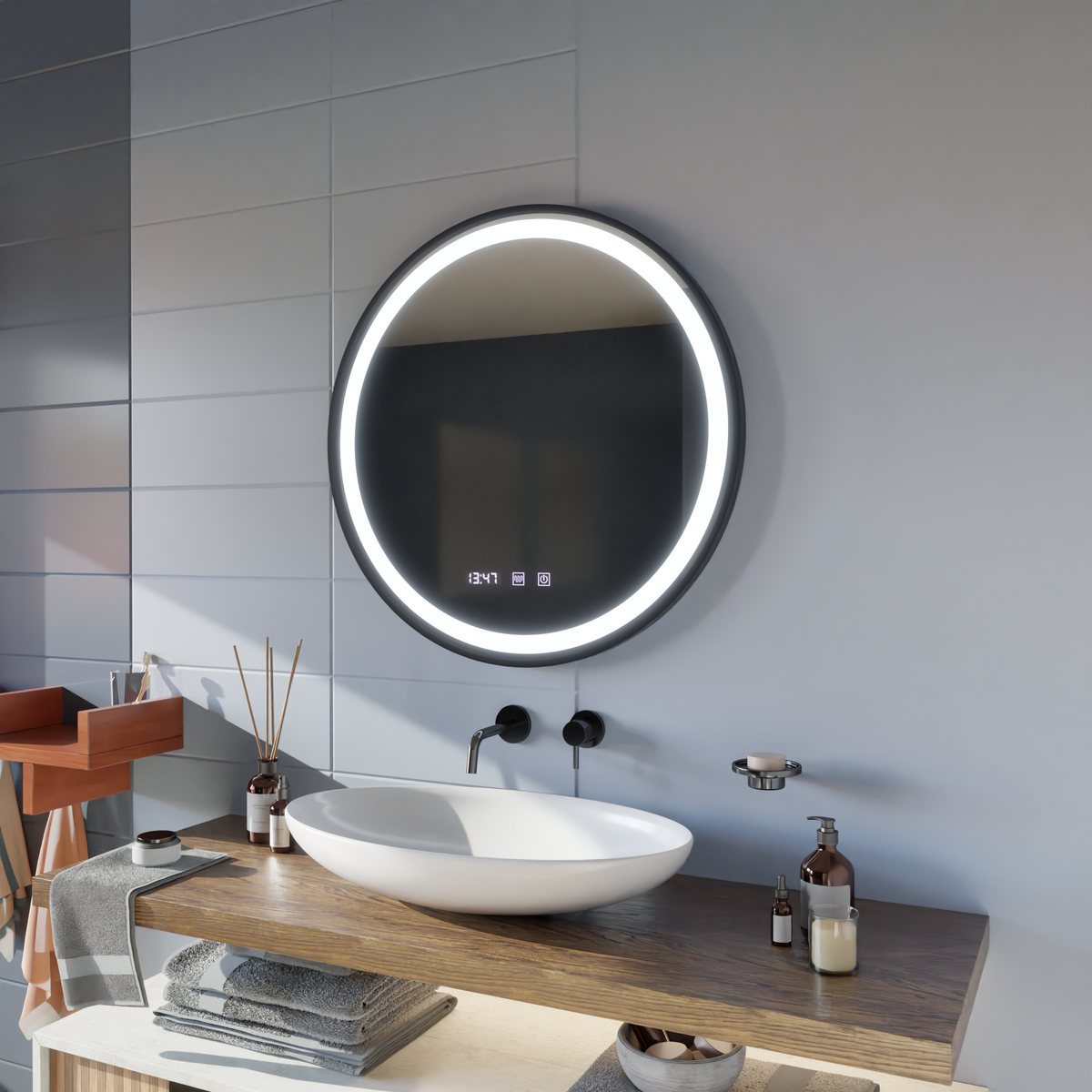 Oglinda LED Touch NOVARA Sistem Dezaburire, Ceas si Temperatura 50 cm Rama Negru Brushed, imaginea 1