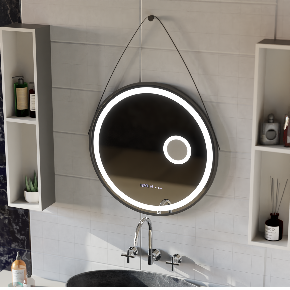 Oglinda LED Rotunda, 11W, 60cm, Micah Senzor MotionGlow Marcello, Sistem Dezaburire, Ceas & Termometru, Lupa Cosmetica, Dimabila, imaginea 3