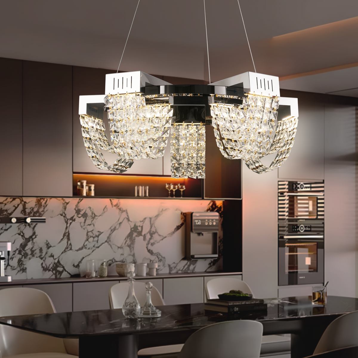 Candelabru Cristal LED 15W, STRATUS Magno, Diametru 50cm, Crom Lucios, Lumina Calda Neutra Rece 3000K/4000K/6000K Inaltime Reglabila, Metal si Cristal