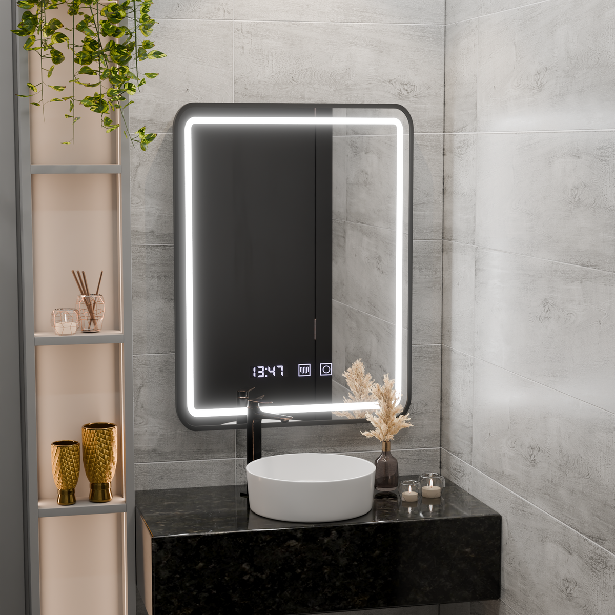 Oglinda LED Touch LUCIDA Sistem Dezaburire, Ceas si Temperatura 50x70 cm Rama Negru Brushed, imaginea 3