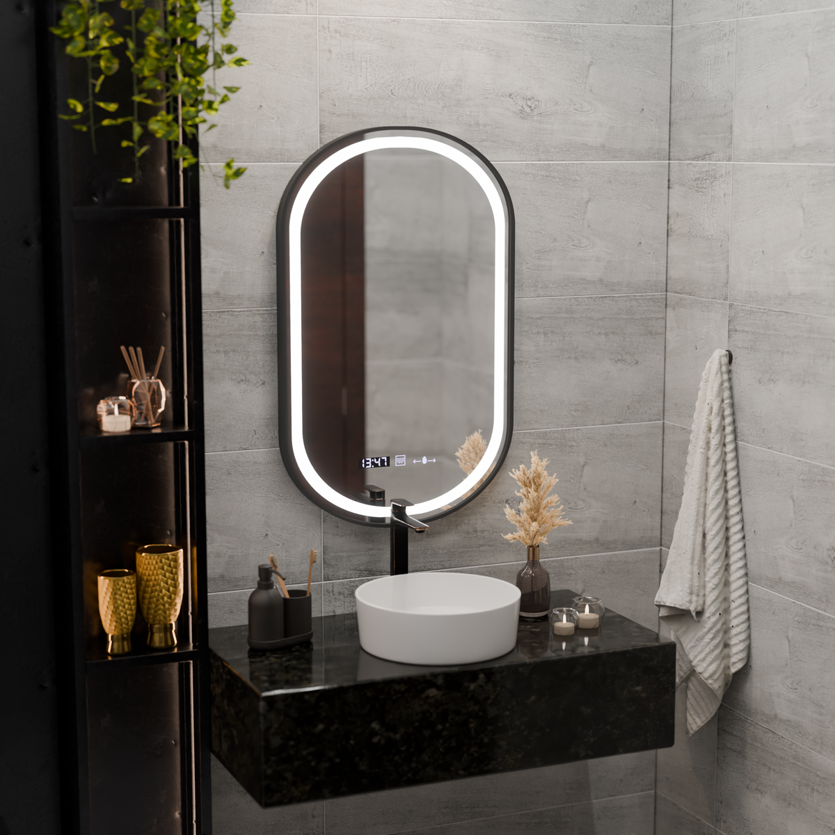 Helmut Touch LED Mirror, Defog System, Clock and Temperature 45x90 cm, Black Frame, Brushed, AT1CT-IM1P-OG1D-S15/45X90,