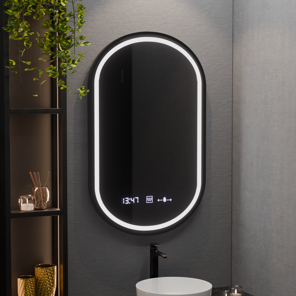 Oglinda LED Ovala, 50x80cm, Alessia MotionGlow Marcello, Sistem Dezaburire, Ceas & Termometru, Dimabila, imaginea 1