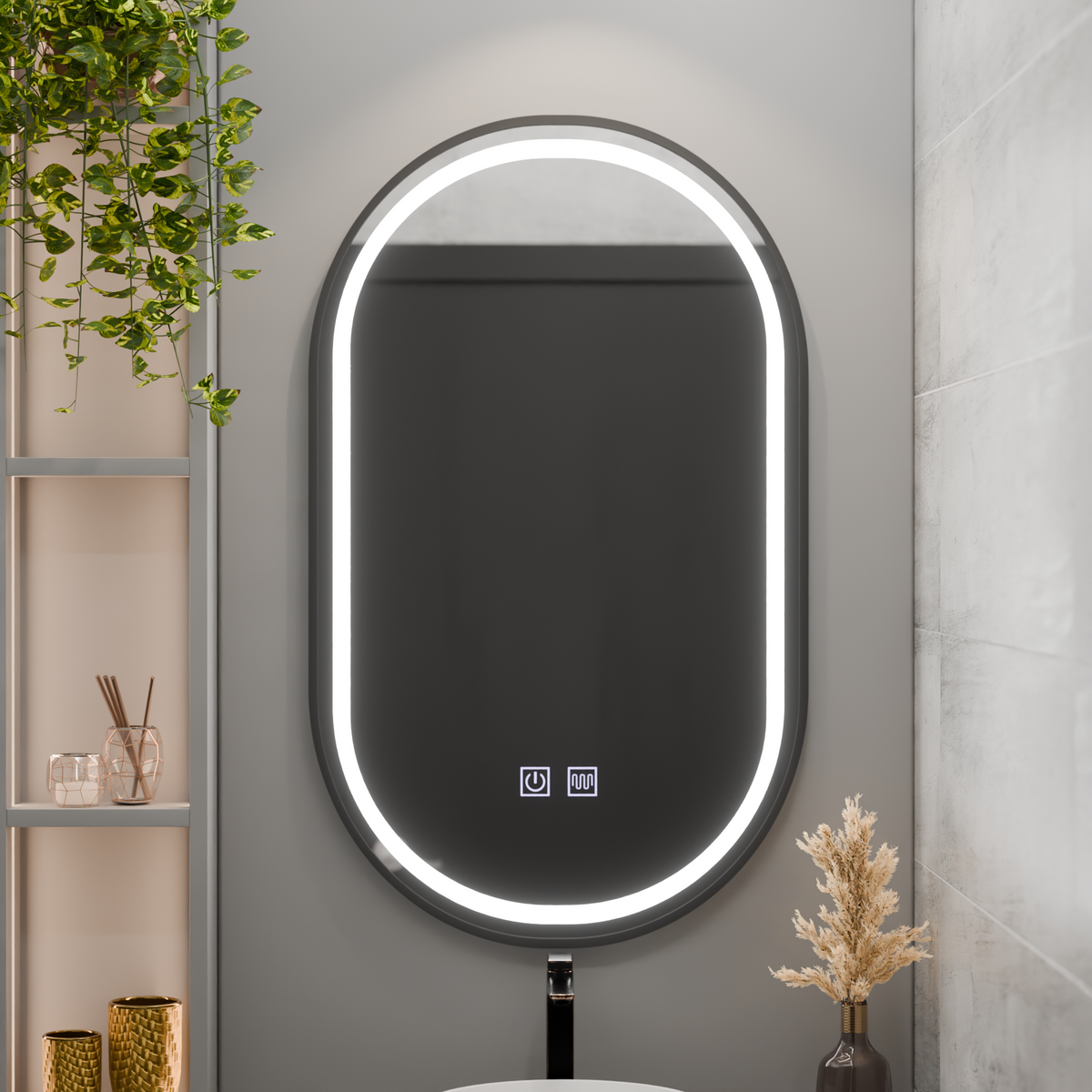 Oglinda LED Ovala 60x100cm VETRO, 22W, Touch Sistem Dezaburire Dimabila, Rama Neagra