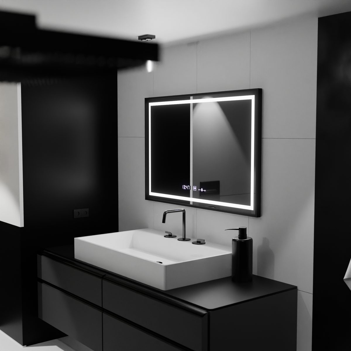 Oglinda LED Rectangulara, 120x80cm, Verite Majeste Noir Motion Glow Marcello, Sistem Dezaburire, Ceas & Termometru, Dimabila