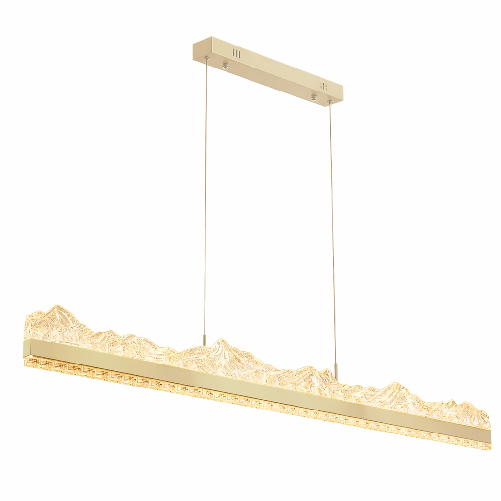 Lustra LED suspendata cu Telecomanda MARISTELLA 90W, lumina Rece/Calda/Neutra 3000K/4000K/6000K, Dimabila, Inaltime Reglabila, Auriu, Metal si Cristal