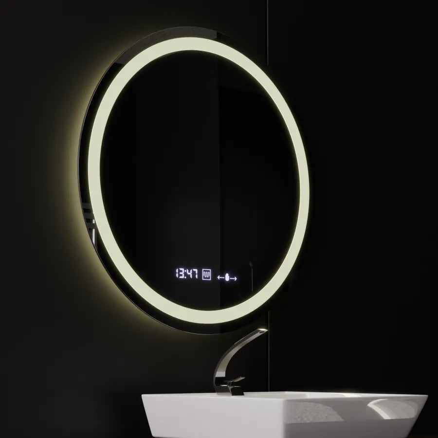 Oglinda LED Rotunda, 80cm, Celeste MotionGlow Marcello, Sistem Dezaburire, Ceas & Termometru, Dimabila